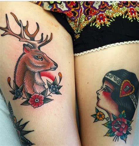 Colorfull deer and woman tatoo on thigh. 183 best images about Traditional Tattoo on Pinterest | Traditional, Tattoo ink and American ...
