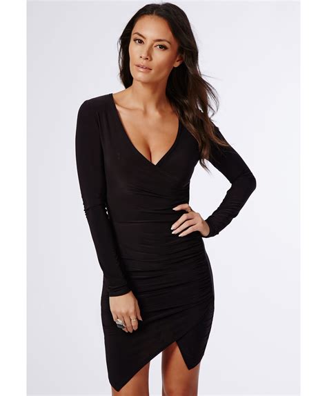 Missguided Ruched Slinky Wrap Dress Black In Black Lyst