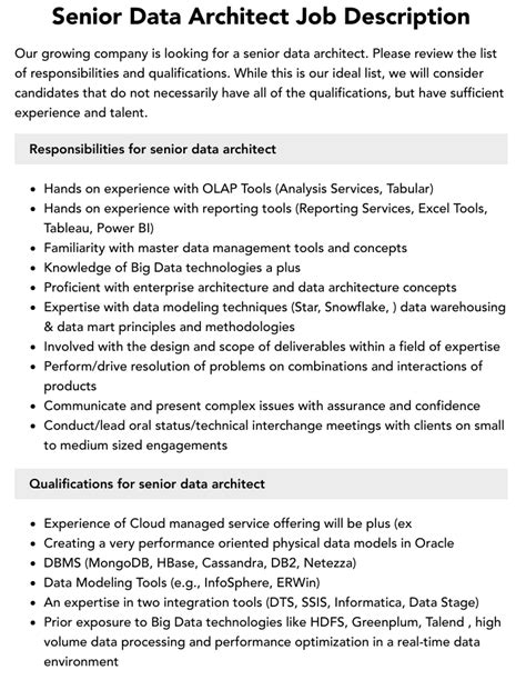 Senior Data Architect Job Description Velvet Jobs