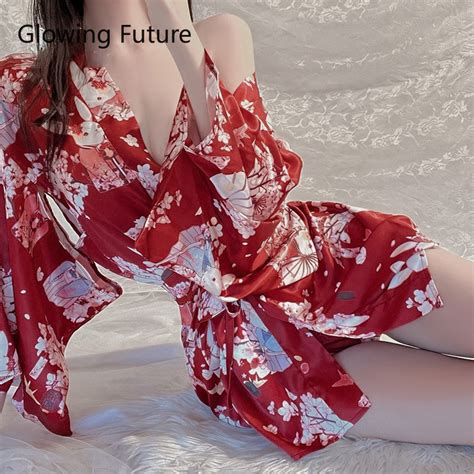 Japanese Kimono Sexy Deep V Dress For Girl Hot Sex Thin Print Cosplay