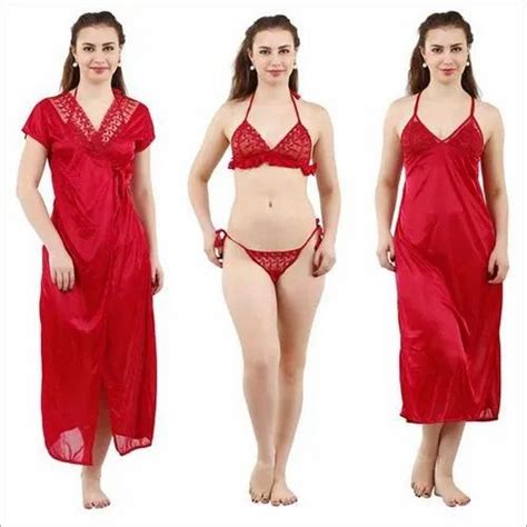 Red Plain Ladies 4 Piece Satin Nighty Set At Rs 240set In New Delhi Id 21384083862