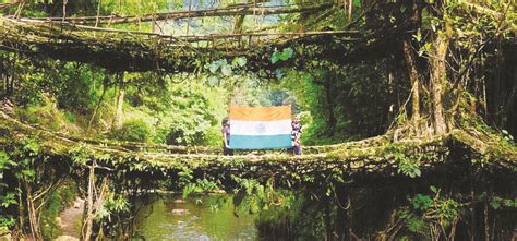 A Duo Holds A Tricolour At The Iconic Double Decker Living Root Bridge