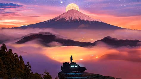 Mount Fuji Artwork Stars Moon Clouds Digital Mist Neon Glow Hd