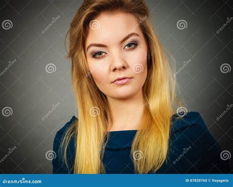 Portrait Blonde Young Woman Having Serious Face Expression Stock Photo