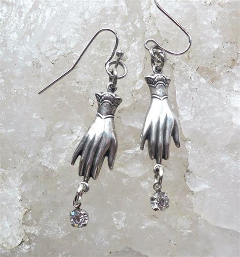 Two Hand Antique Silver Earrings With Crystal Drops Usa Stamped Brass