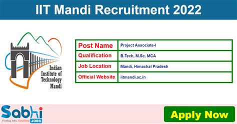Iit Mandi Jobs Notification 2022 Apply Offline For 1 Project Associate