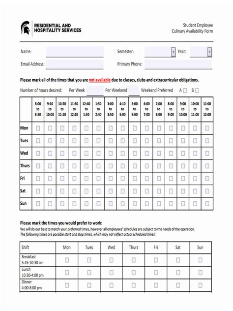 Free Printable Employee Availability Form