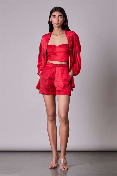 Buy Saaksha And Kinni Red Satin Printed Crop Top And Shorts Set Online Aza Fashions