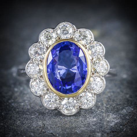 Sapphire Diamond Cluster Ring 18ct Gold 320ct Sapphire Antique
