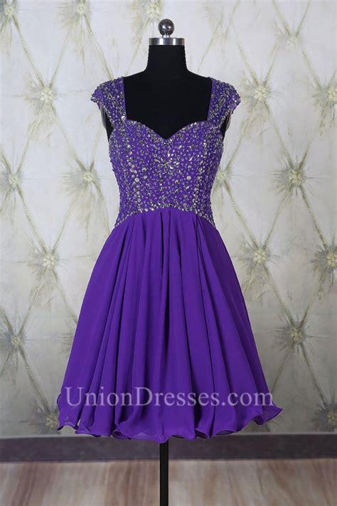 A Line Sweetheart Open Back Short Purple Chiffon Beaded Prom Dress With Straps