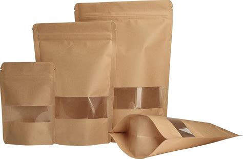 Kraft Stand Up Pouch Bags With Clear Window Zip Lock And Tear Notch