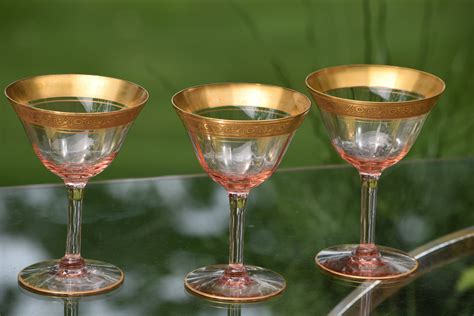 Vintage Pink Gold Rimmed Encrusted Cocktail Martini Glasses Set Of 4