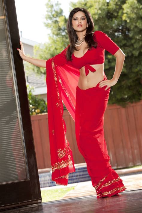 Sunny Leone Nude PhotoShoot In Red Saree 01 ImgPile