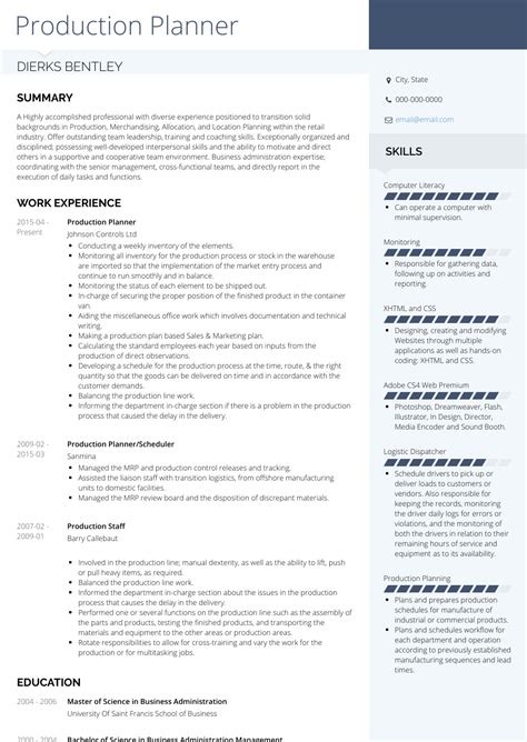 The product manager cv example above should give you an idea of what the finished document should look like. Production Planner - Resume Samples and Templates | VisualCV