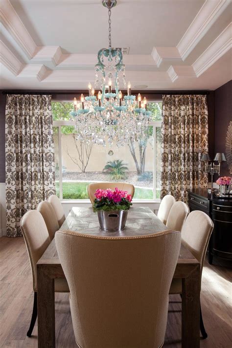 Brown Transitional Dining Room With Blue Chandelier Hgtv