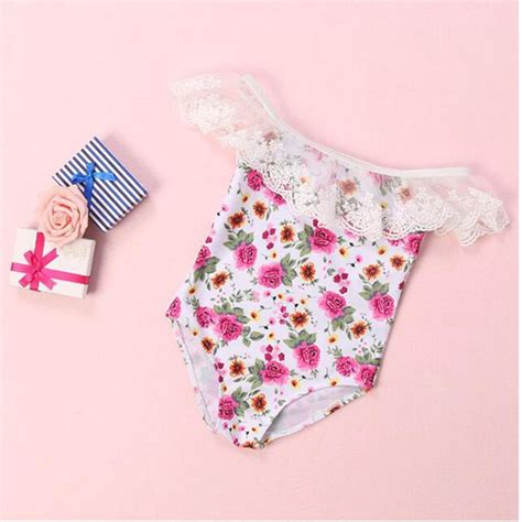 Lovely Girl Swimsuit Children Baby Conjoined Flowers Waves Lace