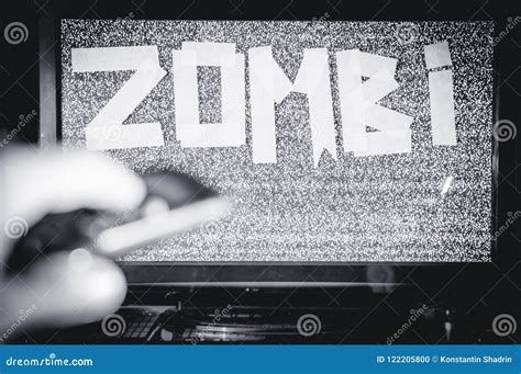 Man With A Tv Instead Of A Head Media Zombie Inscription Stock Photo