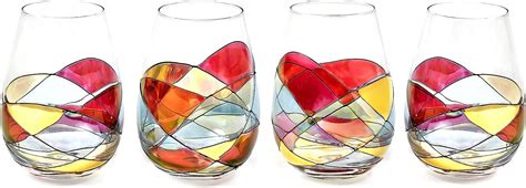 Stemless Wine Glasses Set 4 Sagrada Barcelona Hand Painted Mouth Blown Unique Ts