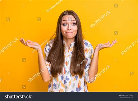 Photo Young Attractive Woman Shrug Shoulders Stock Photo 1860370405