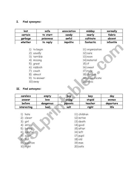english worksheets synonyms  antonyms