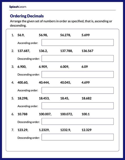 Arranging Decimals In Ascendingdescending Order Math Worksheets