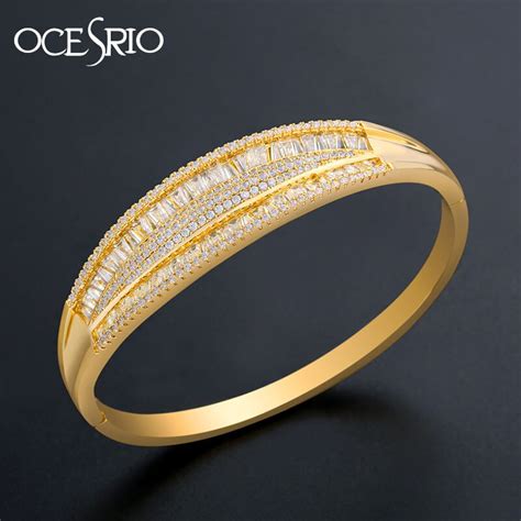 Ocesrio Luxury Brand Gold Bangles Bracelets For Women Copper Cz Cubic Zirconia Cuff Bracelet