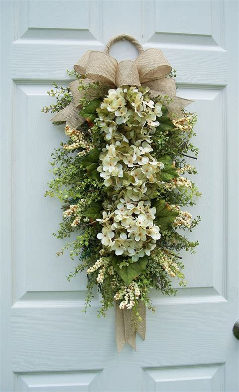Hydrangea Wreath Swagnatural Elegance~burlap Bow With Ribbon Tails