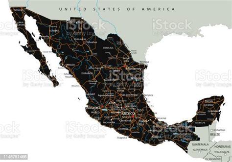 Peta Jalan Meksiko Yang Sangat Rinci Dengan Pelabelan Ilustrasi Stok