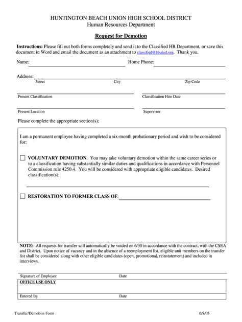 Fillable Online Hr Hbuhsd Voluntary Demotion Form Human Resources