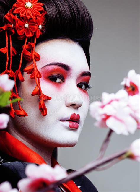 Young Pretty Geisha In Black Kimono Among Sakura Asian Ethno Stock Image Image Of Culture