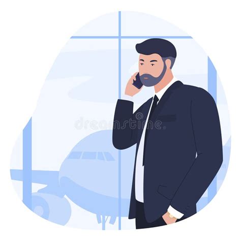 Business Man In Suit Talking On Phone At Airport Terminal Vector Flat
