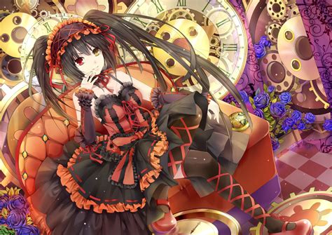 Aliasing Bicolored Eyes Black Hair Breasts Couch Date A Live Dress Flowers Headdress Hongmao