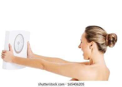 Nude Topless Woman Holding Scale Isolated Stock Photo 165406205