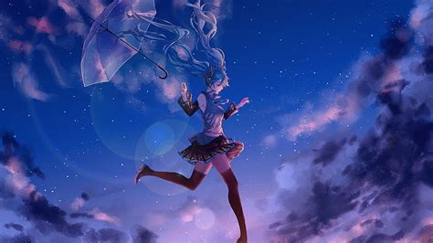 Hatsune Miku Anime Girl Umbrella Blue Sky Background Vocaloid Wallpaper