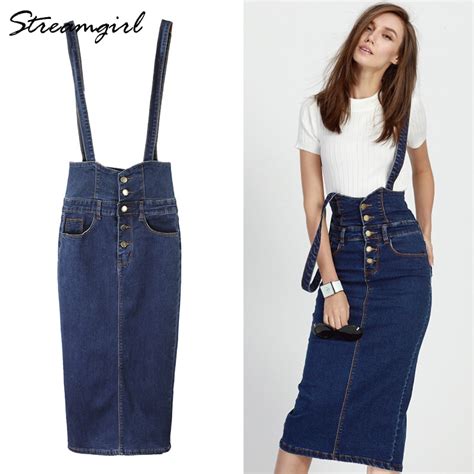 Streamgirl Long Denim Skirt With Straps Women Button Jeans Skirts Plus Size Long High Waist