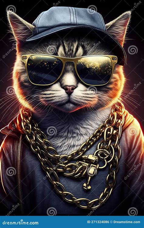 Cat Gangsta Rapper In Sunglasses And Gold Chains Thug Life Concept