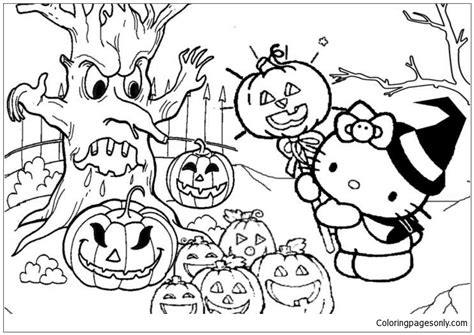 Hello Kitty With Halloween Festival Coloring Page Free Printable