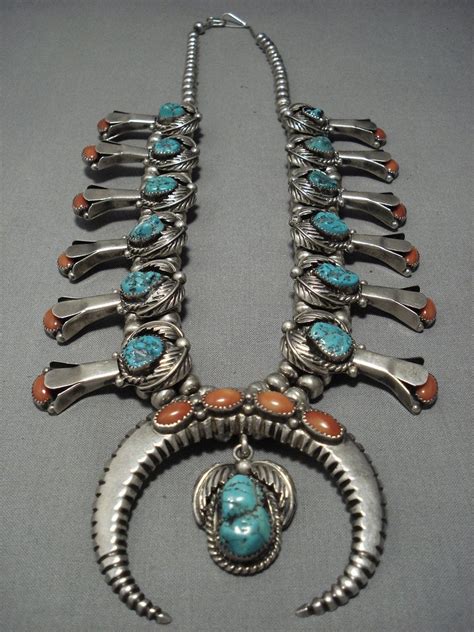 Vintage Navajo Turquoise Coral Sterling Silver Squash Blossom Necklace