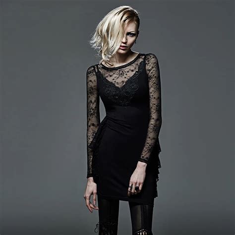 Gothic Women Dress Black Lace Sexy Fashion Dresses Long Sleeves Skinny