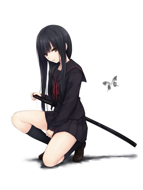 1202147 Long Hair School Uniform Katana Sword Anime Girls Dark