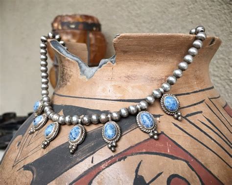 Denim Lapis Sterling Silver Bead Choker Necklace For Women Navajo