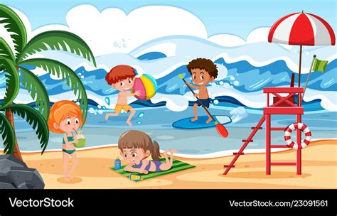 Children Having Fun On Beach Scene Royalty Free Vector Image