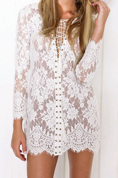 Sexy V Neck Long Sleeves Front Lace Up White Lace Sheath Mini Dressdresseslovelywholesale