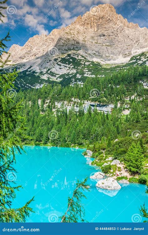 Turquoise Sorapis Lake With Pine Trees And Dolomite Mountains In Stock