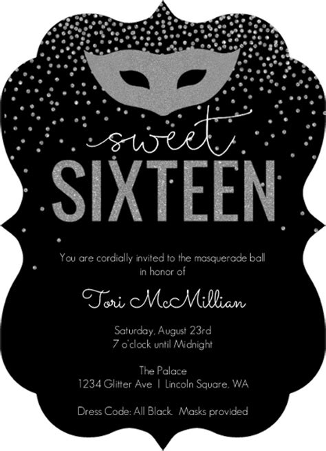 Silver Faux Glitter Masquerade Sweet Sixteen Birthday Invitation