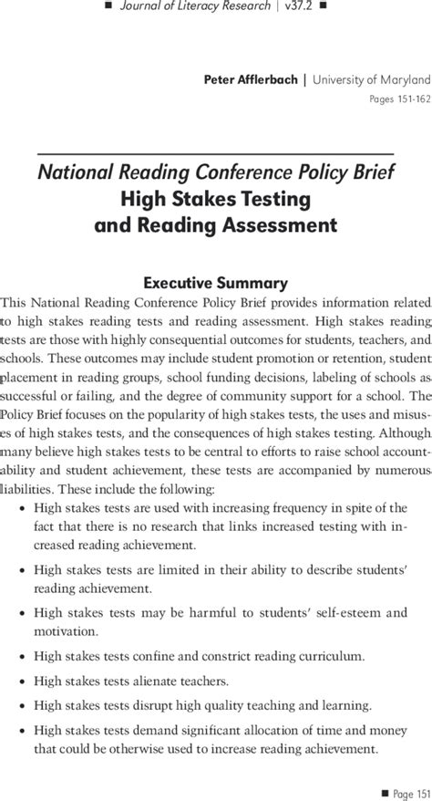 National Reading Conference Policy Brief High Stakes Testing And