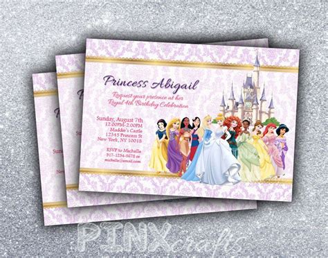 10 Printed Disney Princess Birthday Invitation With White Envelopes
