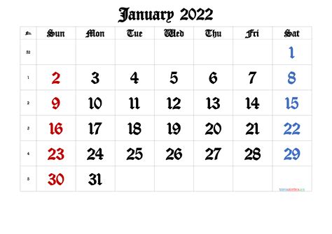 Free Printable 2022 January Calendar