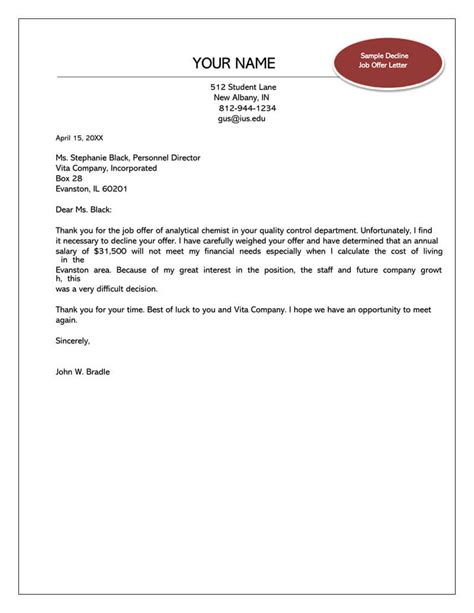 Job Offer Decline Letter Collection Letter Template Collection