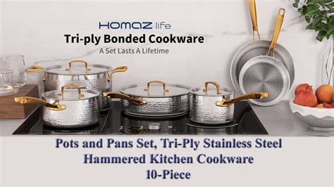 Homaz Life Pots Pans Set Tri Ply Stainless Steel Hammered Kitchen